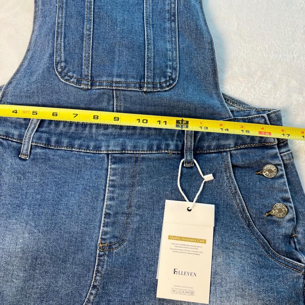 ELLEVEN Denim Overall Skirt Women Medium Blue Frayed Hem Bib Pocket NWT - Picture 6 of 11